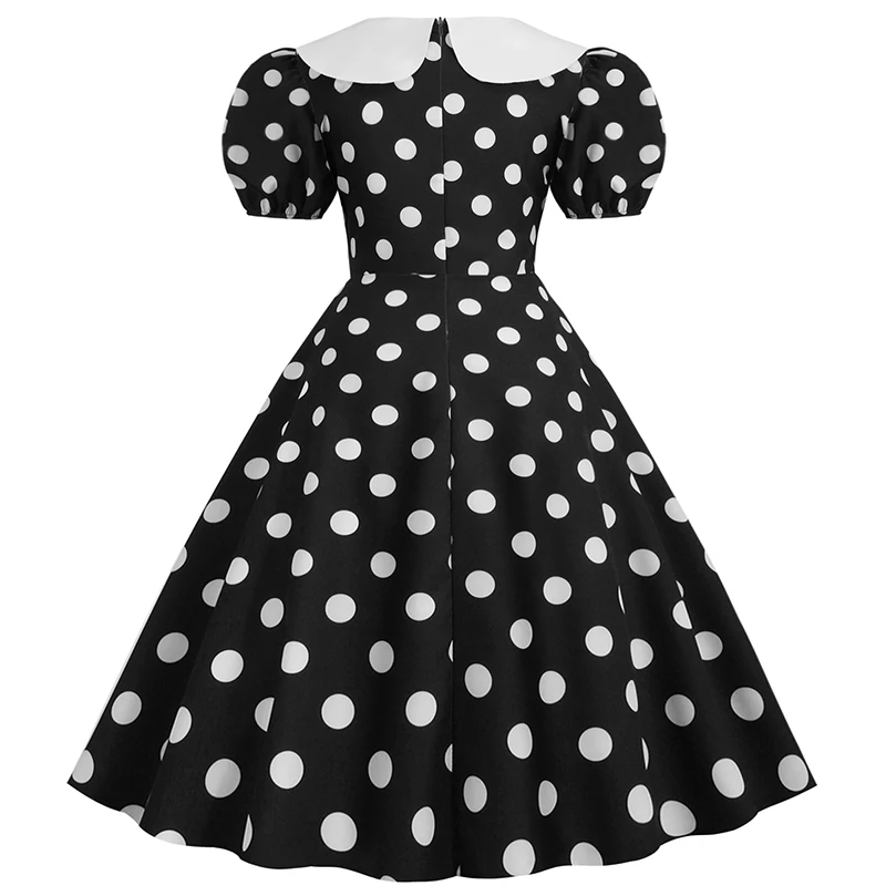 Elegant Women Summer Dress Puff Short Sleeve Polka Dot Peter Pan Collar Vintage A-line Midi Long Party Sundress