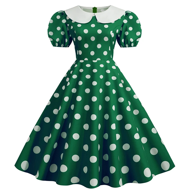 Elegant Women Summer Dress Puff Short Sleeve Polka Dot Peter Pan Collar Vintage A-line Midi Long Party Sundress
