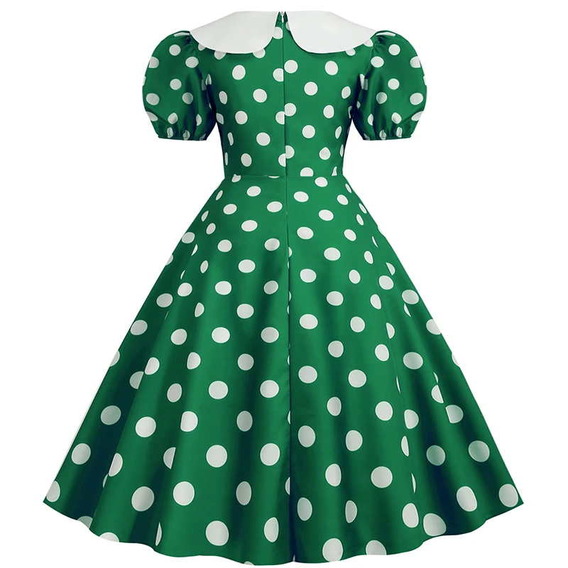 Elegant Women Summer Dress Puff Short Sleeve Polka Dot Peter Pan Collar Vintage A-line Midi Long Party Sundress