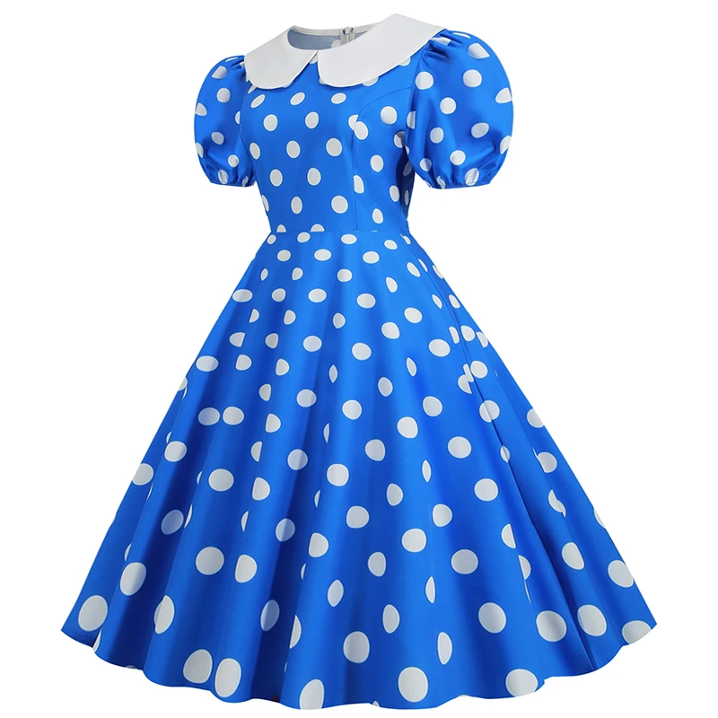 Elegant Women Summer Dress Puff Short Sleeve Polka Dot Peter Pan Collar Vintage A-line Midi Long Party Sundress