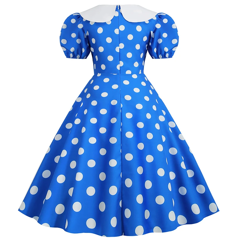 Elegant Women Summer Dress Puff Short Sleeve Polka Dot Peter Pan Collar Vintage A-line Midi Long Party Sundress