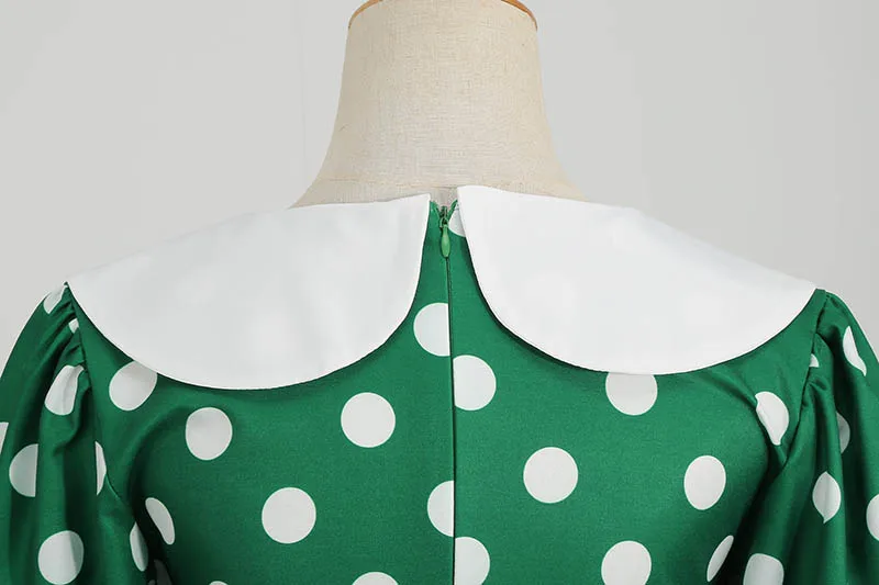 Elegant Women Summer Dress Puff Short Sleeve Polka Dot Peter Pan Collar Vintage A-line Midi Long Party Sundress
