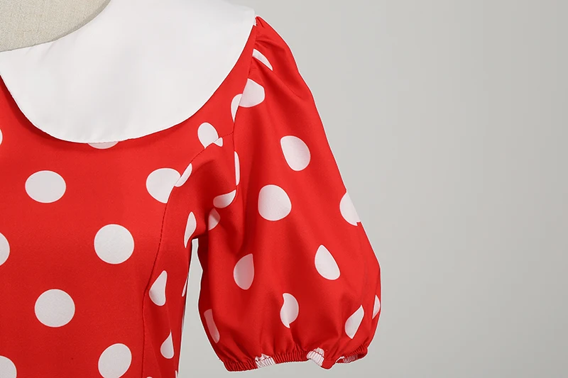 Elegant Women Summer Dress Puff Short Sleeve Polka Dot Peter Pan Collar Vintage A-line Midi Long Party Sundress