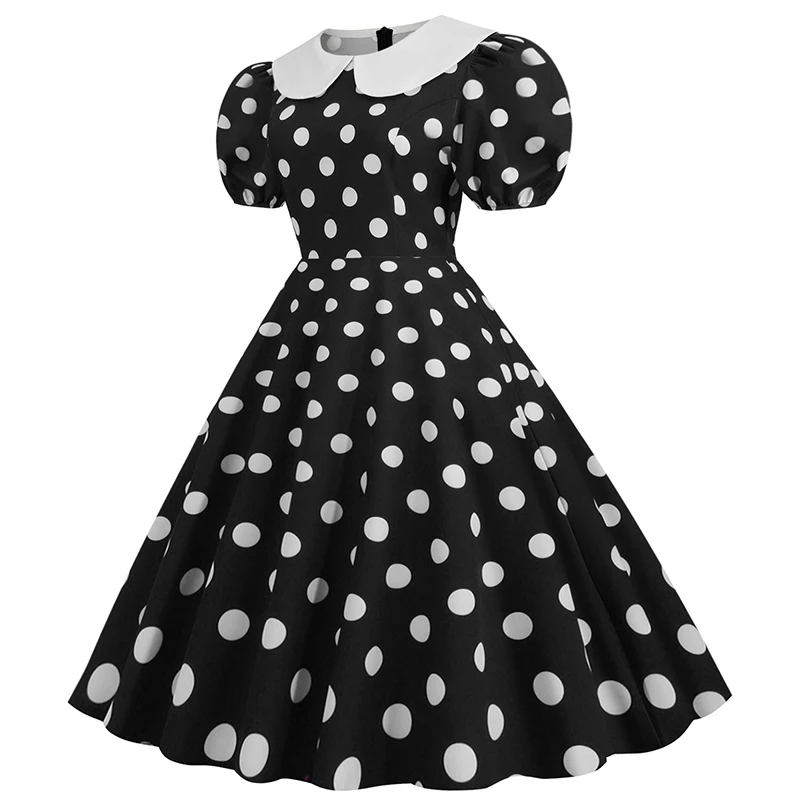 Elegant Women Summer Dress Puff Short Sleeve Polka Dot Peter Pan Collar Vintage A-line Midi Long Party Sundress