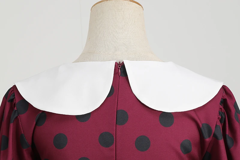 Elegant Women Summer Dress Puff Short Sleeve Polka Dot Peter Pan Collar Vintage A-line Midi Long Party Sundress