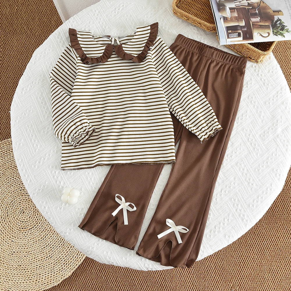 Girls' Long Sleeve Set Autumn and Winter New Girls' Large Lapel Pleated Stripe Top+Bell-bottoms Two Piece Girls' Set