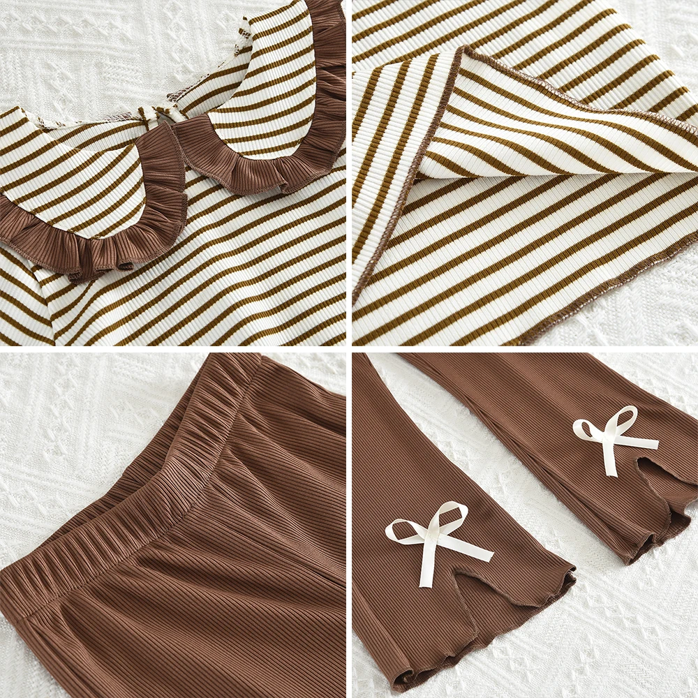 Girls' Long Sleeve Set Autumn and Winter New Girls' Large Lapel Pleated Stripe Top+Bell-bottoms Two Piece Girls' Set