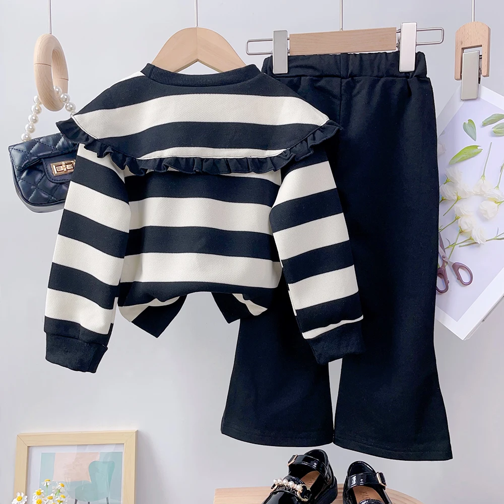 Girls' Long Sleeve Set Autumn and Winter New Girls' Large Lapel Pleated Stripe Top+Bell-bottoms Two Piece Girls' Set