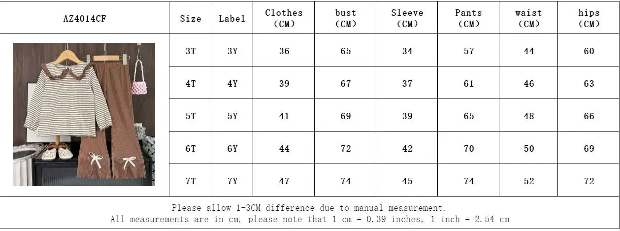 Girls' Long Sleeve Set Autumn and Winter New Girls' Large Lapel Pleated Stripe Top+Bell-bottoms Two Piece Girls' Set