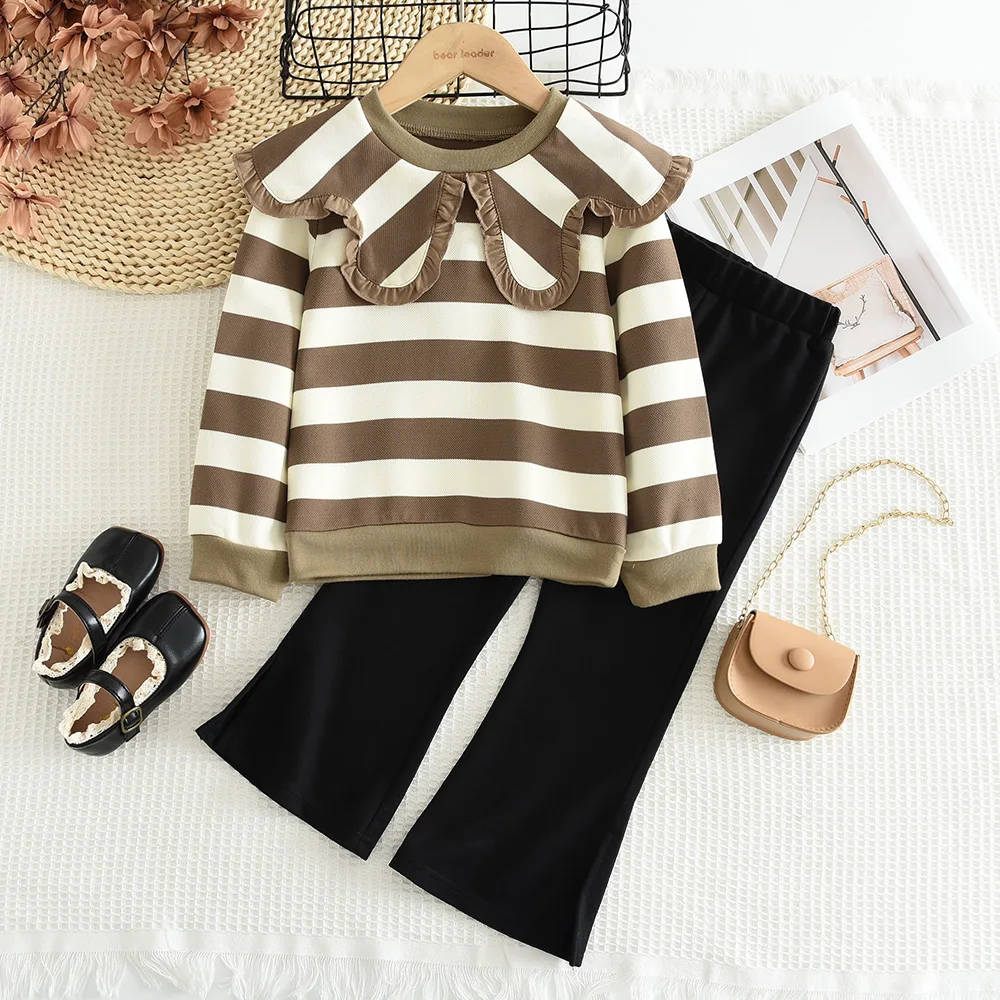 Girls' Long Sleeve Set Autumn and Winter New Girls' Large Lapel Pleated Stripe Top+Bell-bottoms Two Piece Girls' Set