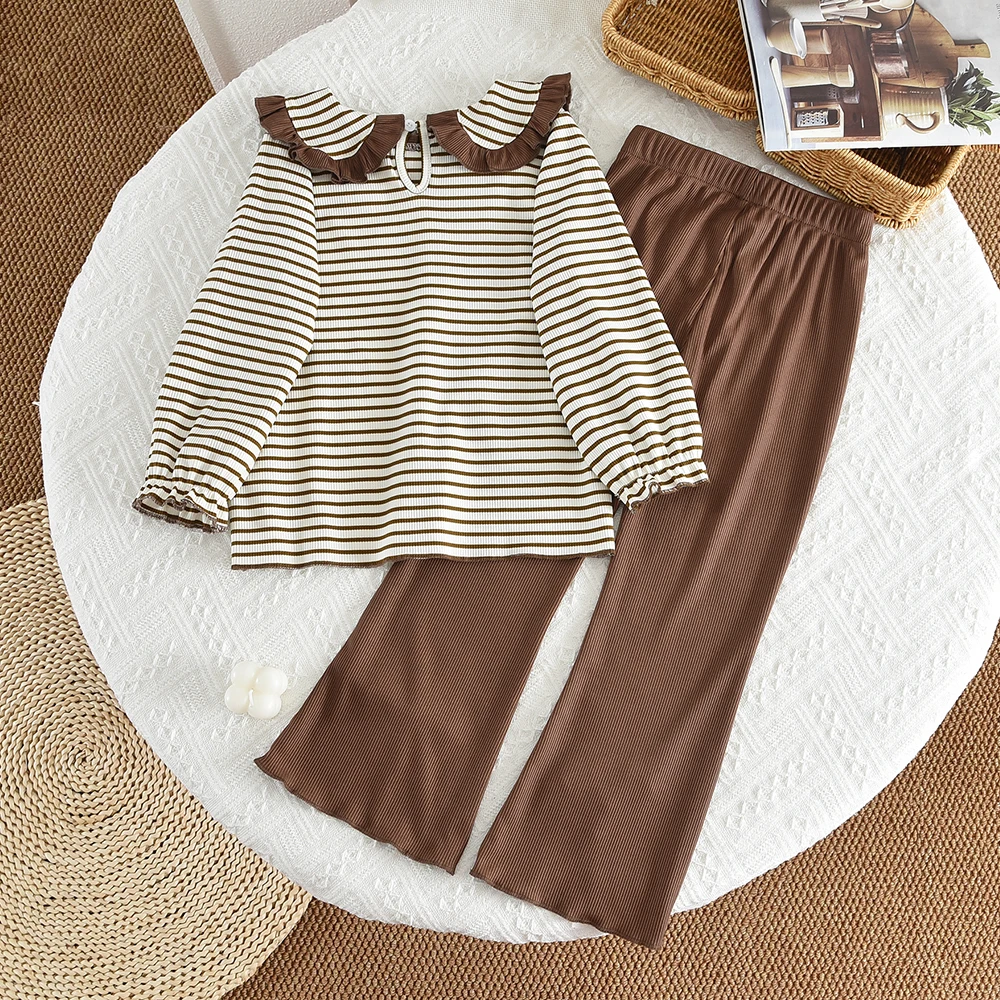 Girls' Long Sleeve Set Autumn and Winter New Girls' Large Lapel Pleated Stripe Top+Bell-bottoms Two Piece Girls' Set