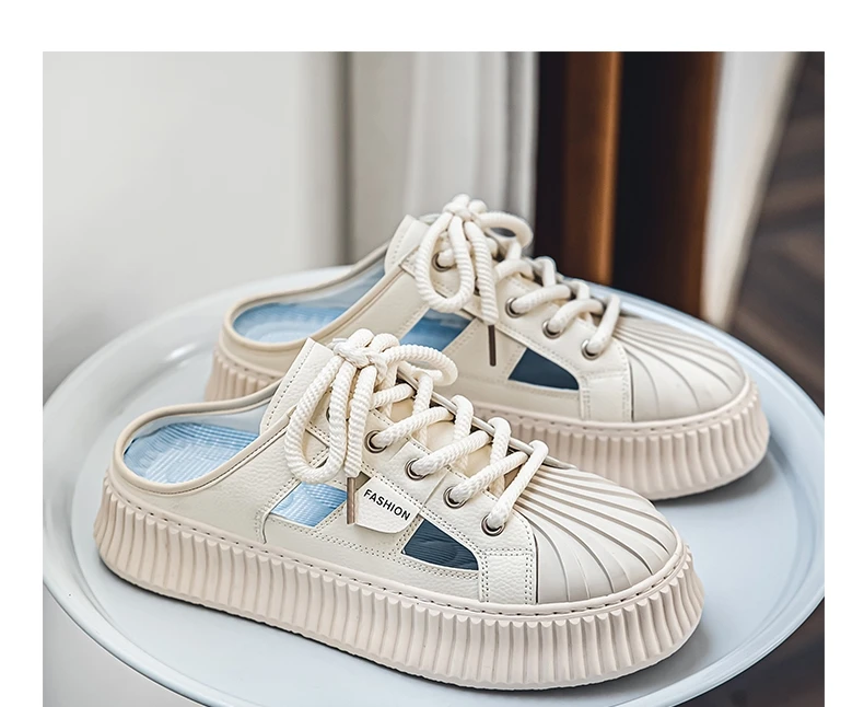 Men Casual Shoes Hollow Out Slip-On Solid Color For Loafers Flat Slippers Summer Male Shoes Half Slippers Breathable Sandalias