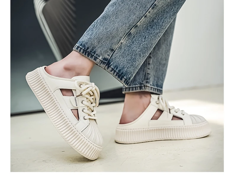Men Casual Shoes Hollow Out Slip-On Solid Color For Loafers Flat Slippers Summer Male Shoes Half Slippers Breathable Sandalias