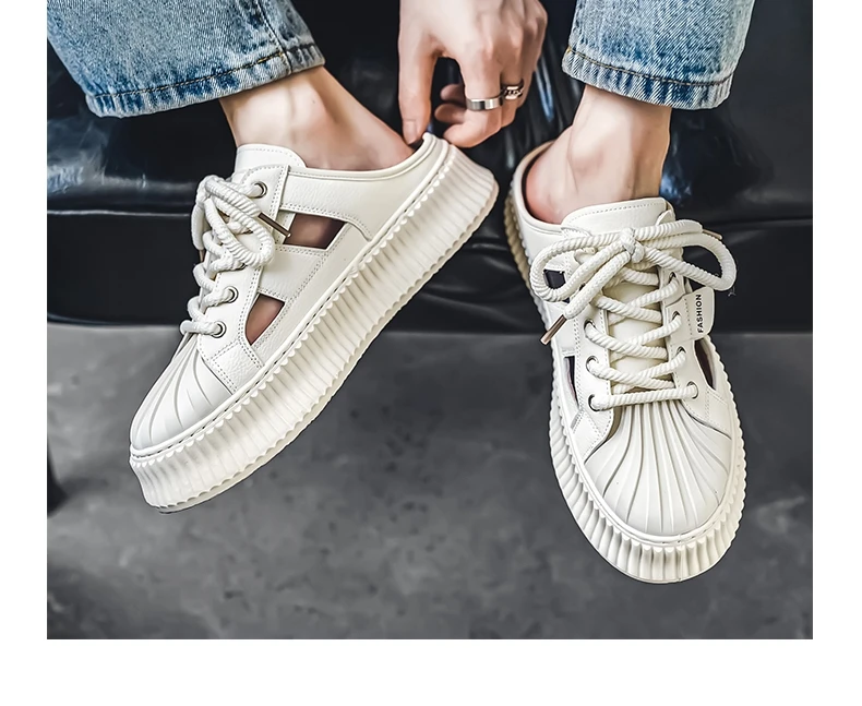 Men Casual Shoes Hollow Out Slip-On Solid Color For Loafers Flat Slippers Summer Male Shoes Half Slippers Breathable Sandalias