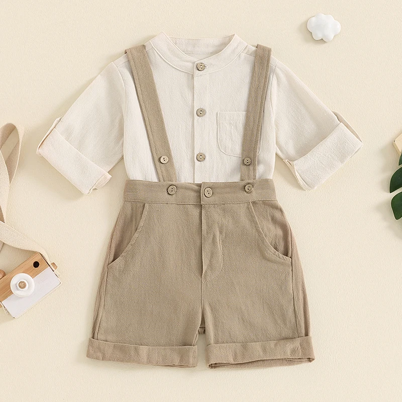 Baby clothing Boys Solid Button Pocket Cotton Linen Bodysuits+Suspender Shorts Set Newborn Outfits 0-24M