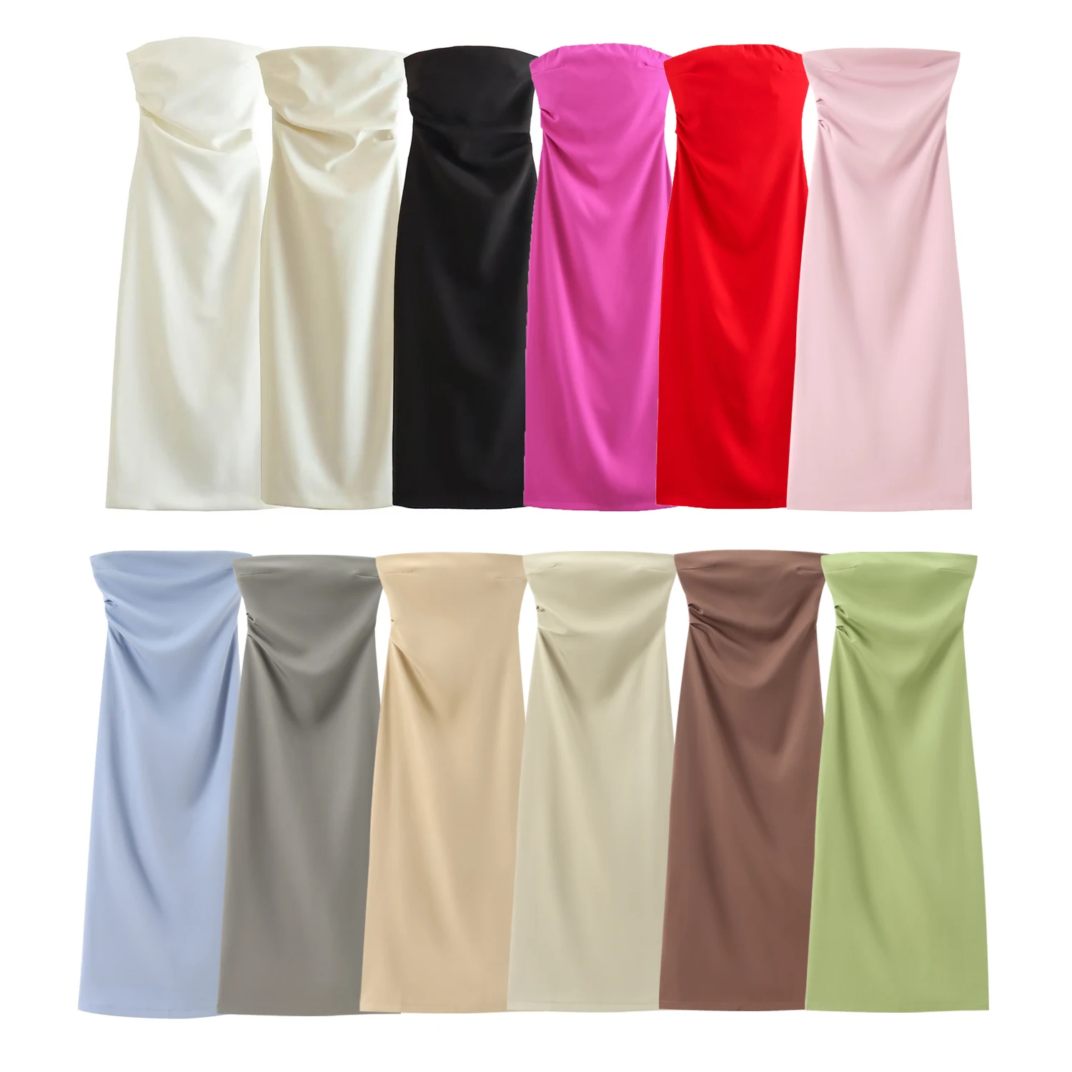 BSAY Women Fashion Summer New Sexy Split Back Zip Pleated Sleeveless Strapless Dress Chic Female French Elegant Evening