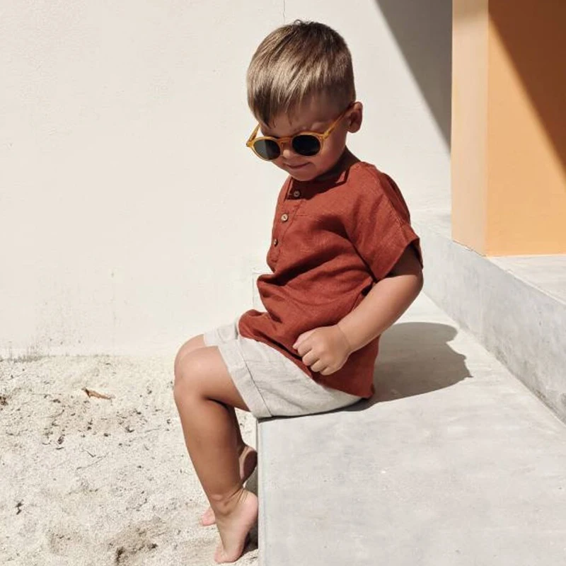 Boys Cotton And Linen Striped Casual T-Shirt 2026 Summer New Children's Round Neck Buttons Short-Sleeved Linen Tops TZ417