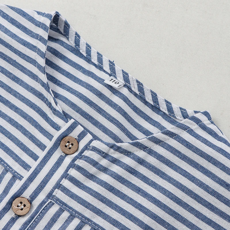 Boys Cotton And Linen Striped Casual T-Shirt 2026 Summer New Children's Round Neck Buttons Short-Sleeved Linen Tops TZ417