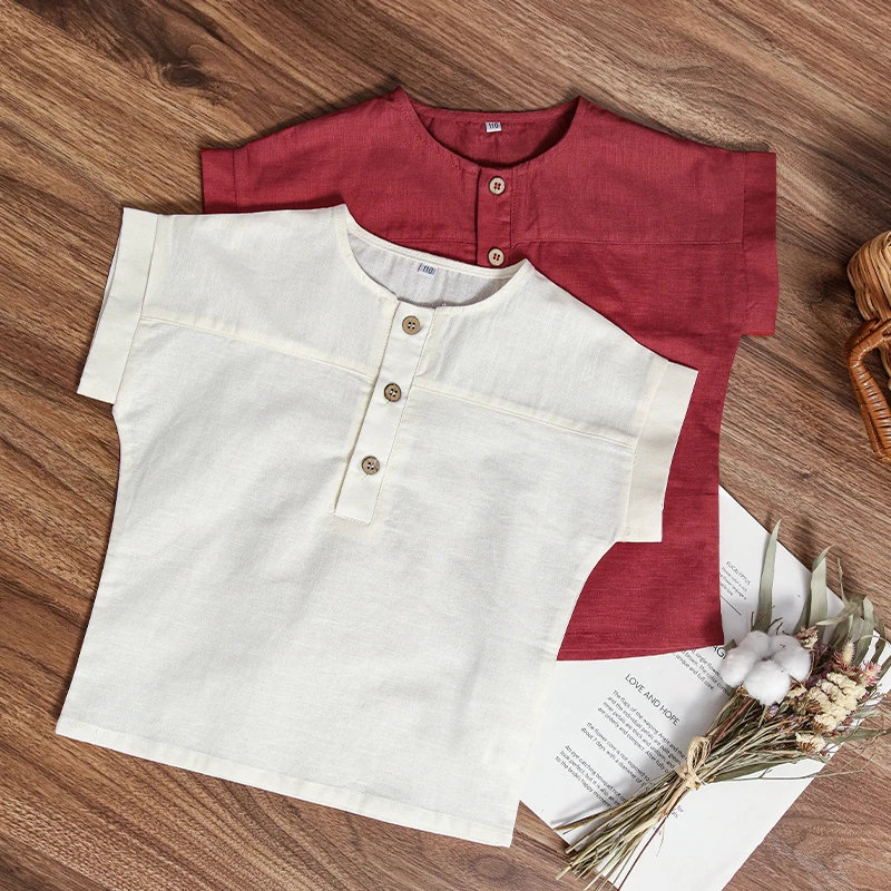 Boys Cotton And Linen Striped Casual T-Shirt 2026 Summer New Children's Round Neck Buttons Short-Sleeved Linen Tops TZ417
