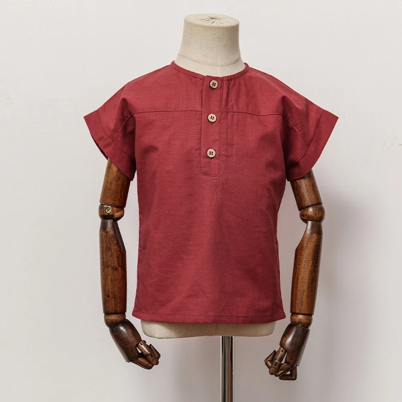 Boys Cotton And Linen Striped Casual T-Shirt 2026 Summer New Children's Round Neck Buttons Short-Sleeved Linen Tops TZ417