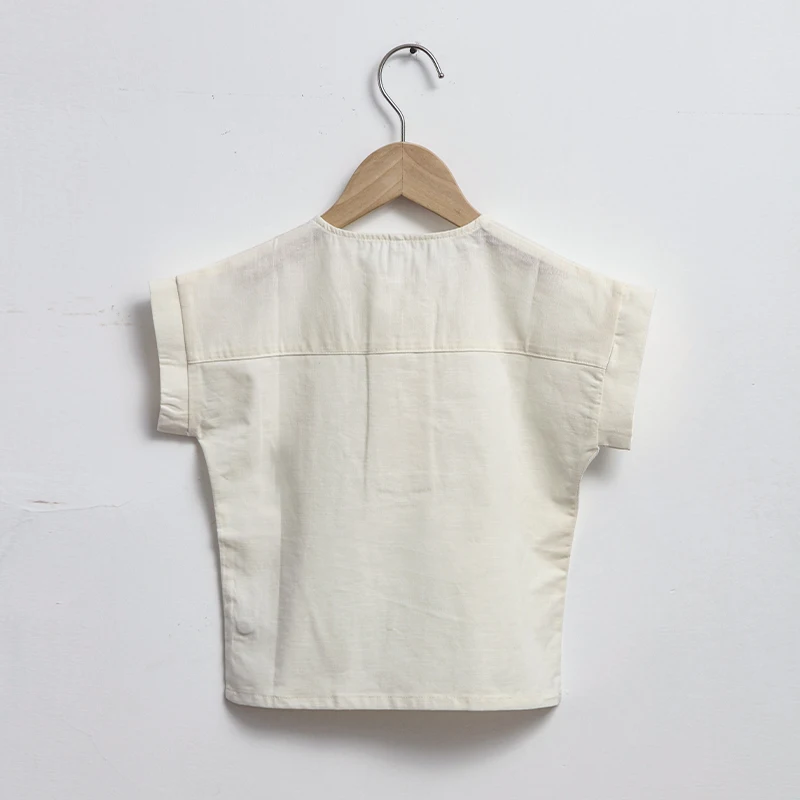 Boys Cotton And Linen Striped Casual T-Shirt 2026 Summer New Children's Round Neck Buttons Short-Sleeved Linen Tops TZ417