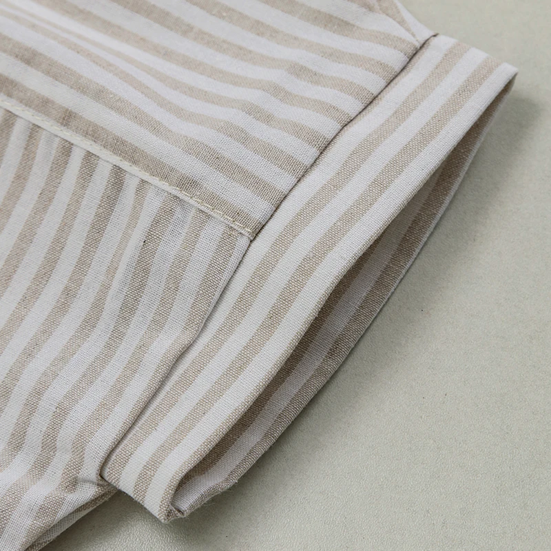 Boys Cotton And Linen Striped Casual T-Shirt 2026 Summer New Children's Round Neck Buttons Short-Sleeved Linen Tops TZ417