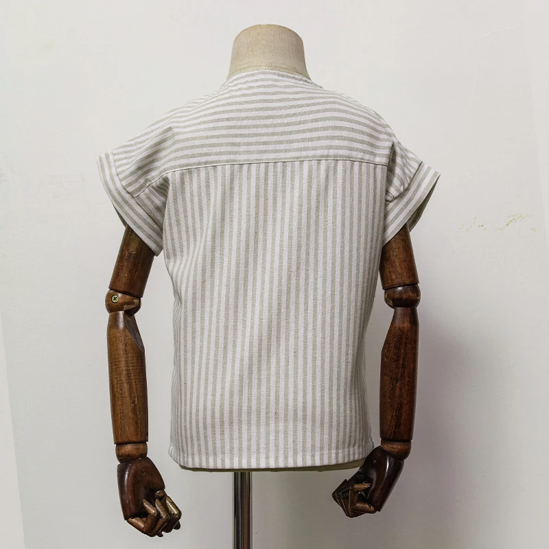 Boys Cotton And Linen Striped Casual T-Shirt 2026 Summer New Children's Round Neck Buttons Short-Sleeved Linen Tops TZ417