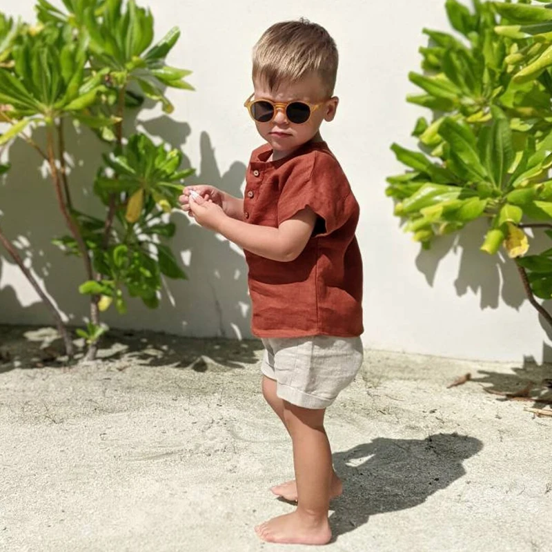 Boys Cotton And Linen Striped Casual T-Shirt 2026 Summer New Children's Round Neck Buttons Short-Sleeved Linen Tops TZ417