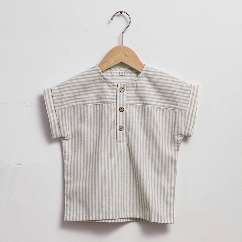 Boys Cotton And Linen Striped Casual T-Shirt 2026 Summer New Children's Round Neck Buttons Short-Sleeved Linen Tops TZ417