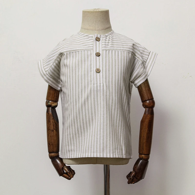 Boys Cotton And Linen Striped Casual T-Shirt 2026 Summer New Children's Round Neck Buttons Short-Sleeved Linen Tops TZ417