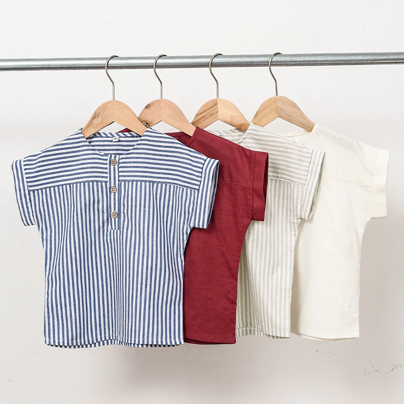 Boys Cotton And Linen Striped Casual T-Shirt 2026 Summer New Children's Round Neck Buttons Short-Sleeved Linen Tops TZ417