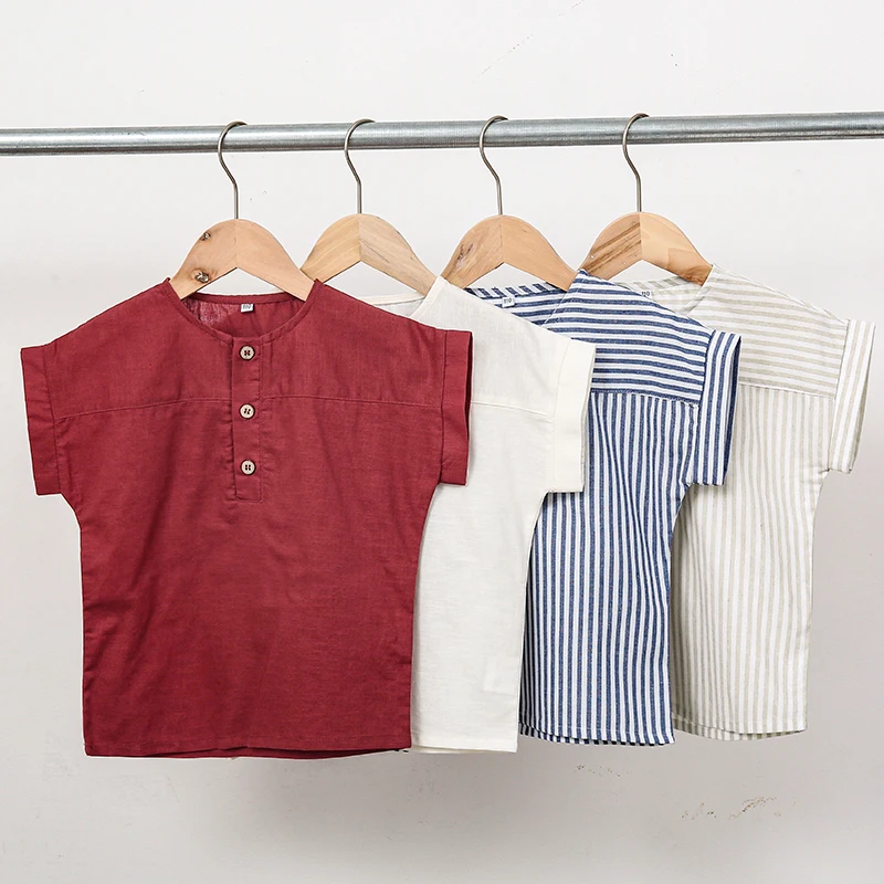Boys Cotton And Linen Striped Casual T-Shirt 2026 Summer New Children's Round Neck Buttons Short-Sleeved Linen Tops TZ417