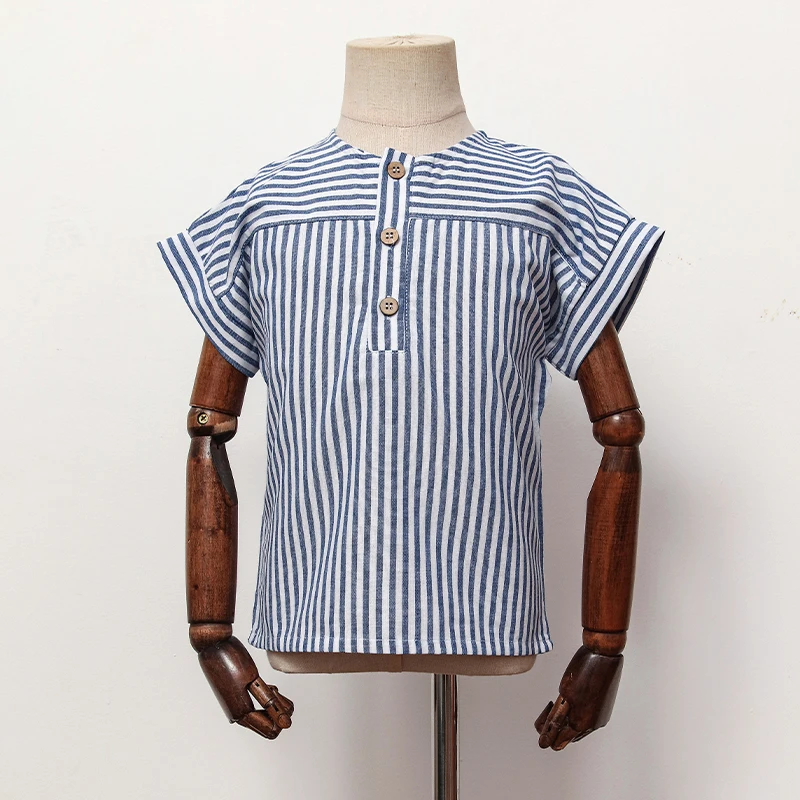 Boys Cotton And Linen Striped Casual T-Shirt 2026 Summer New Children's Round Neck Buttons Short-Sleeved Linen Tops TZ417
