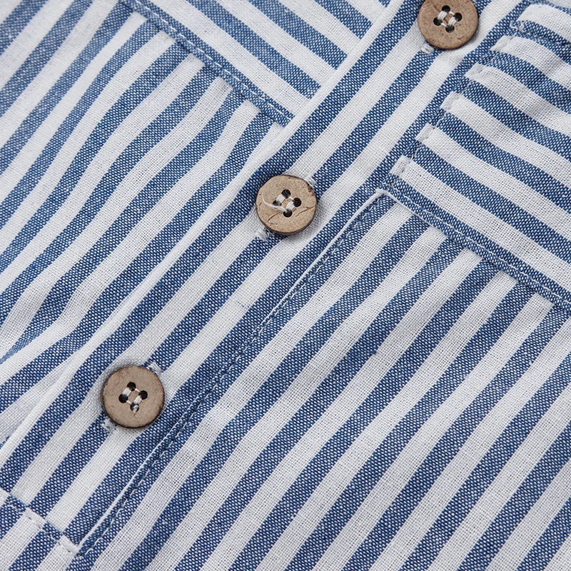 Boys Cotton And Linen Striped Casual T-Shirt 2026 Summer New Children's Round Neck Buttons Short-Sleeved Linen Tops TZ417