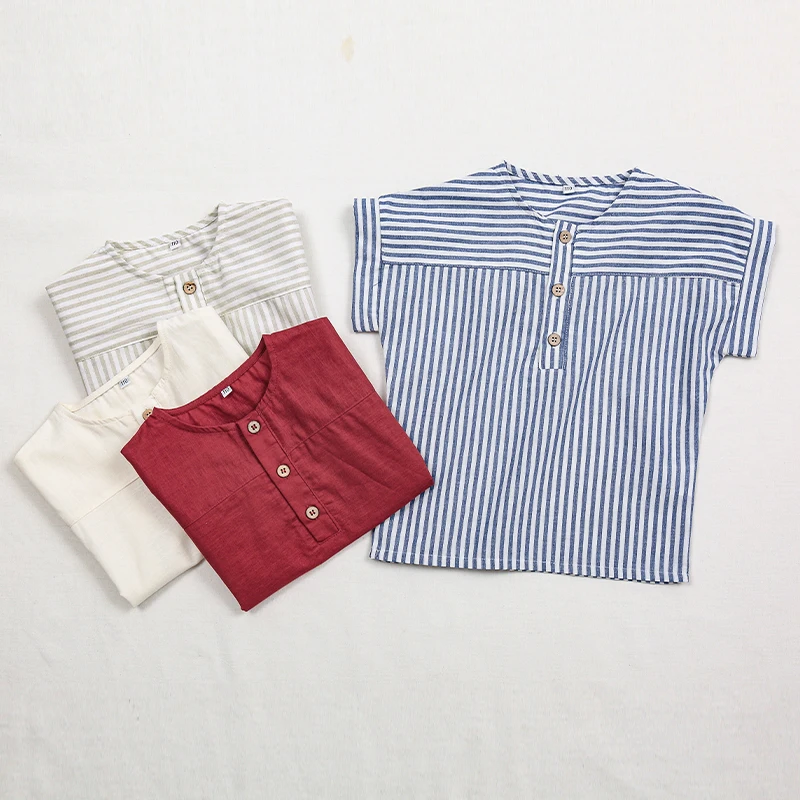 Boys Cotton And Linen Striped Casual T-Shirt 2026 Summer New Children's Round Neck Buttons Short-Sleeved Linen Tops TZ417