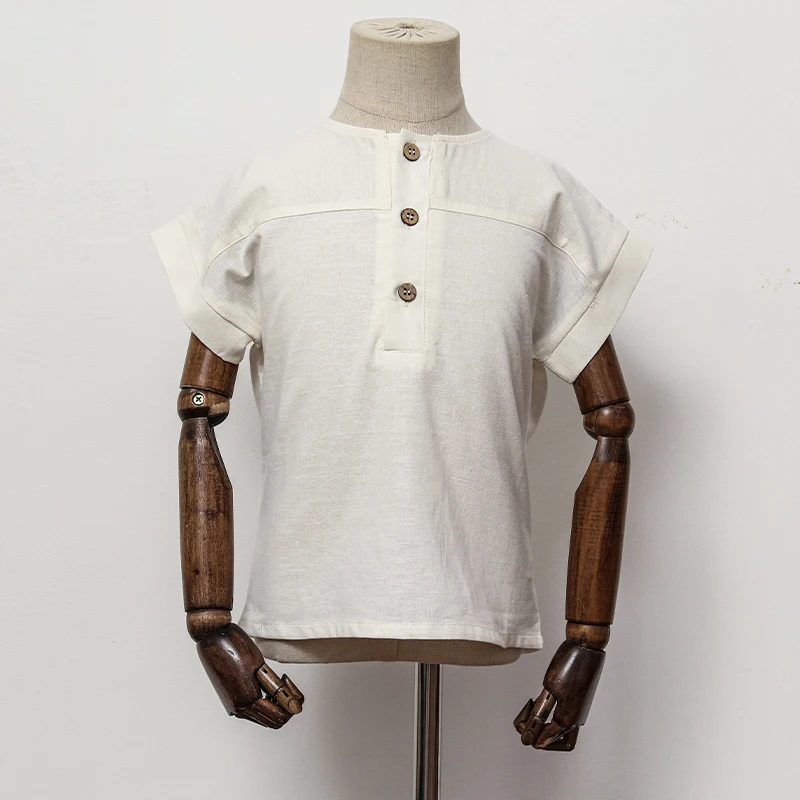 Boys Cotton And Linen Striped Casual T-Shirt 2026 Summer New Children's Round Neck Buttons Short-Sleeved Linen Tops TZ417