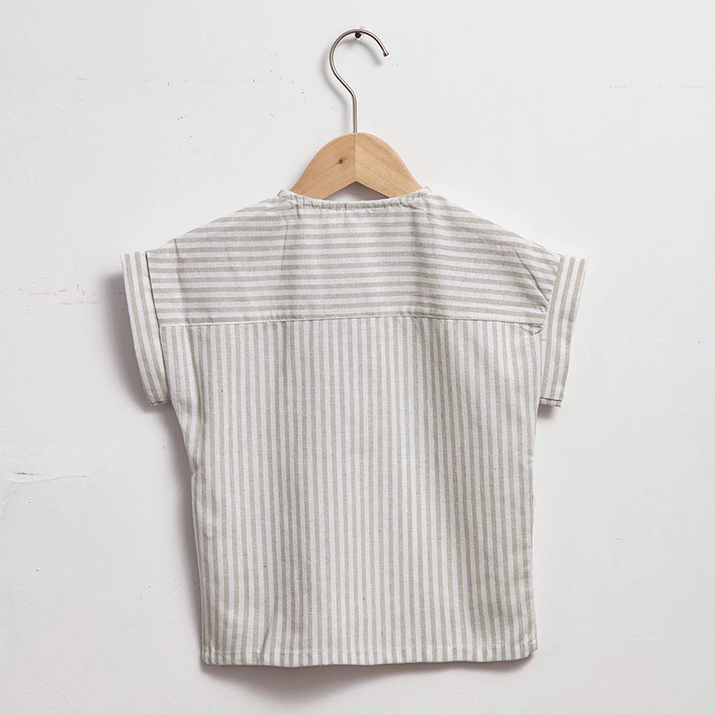Boys Cotton And Linen Striped Casual T-Shirt 2026 Summer New Children's Round Neck Buttons Short-Sleeved Linen Tops TZ417