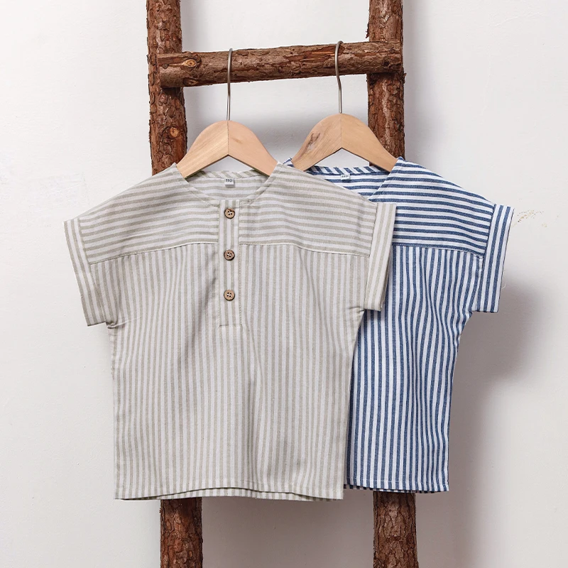 Boys Cotton And Linen Striped Casual T-Shirt 2026 Summer New Children's Round Neck Buttons Short-Sleeved Linen Tops TZ417