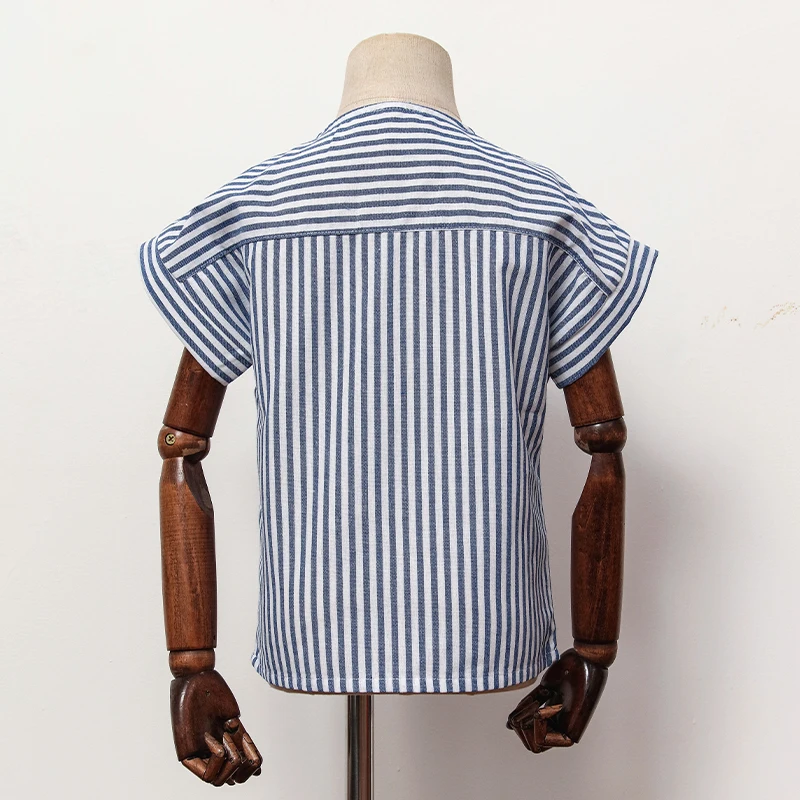 Boys Cotton And Linen Striped Casual T-Shirt 2026 Summer New Children's Round Neck Buttons Short-Sleeved Linen Tops TZ417