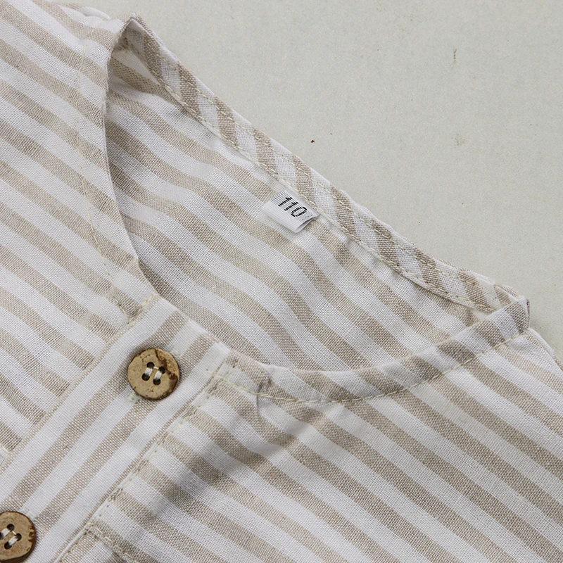 Boys Cotton And Linen Striped Casual T-Shirt 2026 Summer New Children's Round Neck Buttons Short-Sleeved Linen Tops TZ417