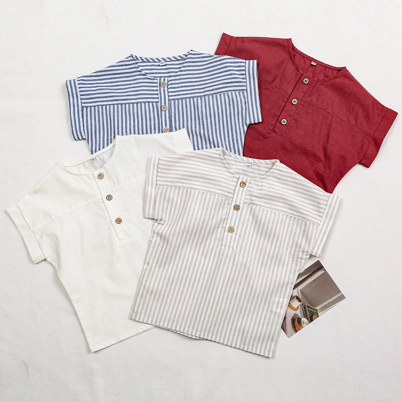 Boys Cotton And Linen Striped Casual T-Shirt 2026 Summer New Children's Round Neck Buttons Short-Sleeved Linen Tops TZ417