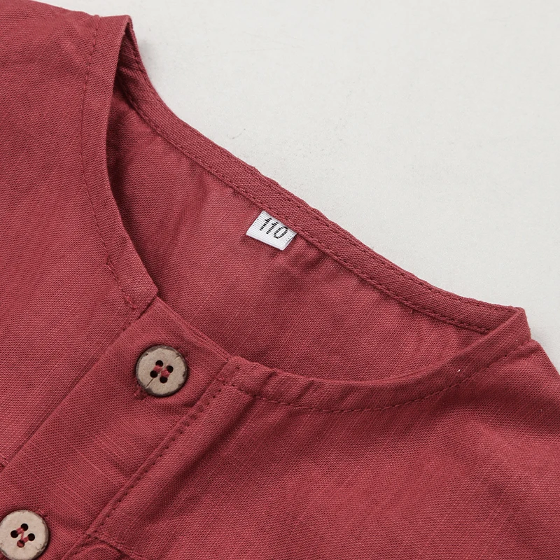 Boys Cotton And Linen Striped Casual T-Shirt 2026 Summer New Children's Round Neck Buttons Short-Sleeved Linen Tops TZ417