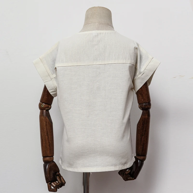 Boys Cotton And Linen Striped Casual T-Shirt 2026 Summer New Children's Round Neck Buttons Short-Sleeved Linen Tops TZ417