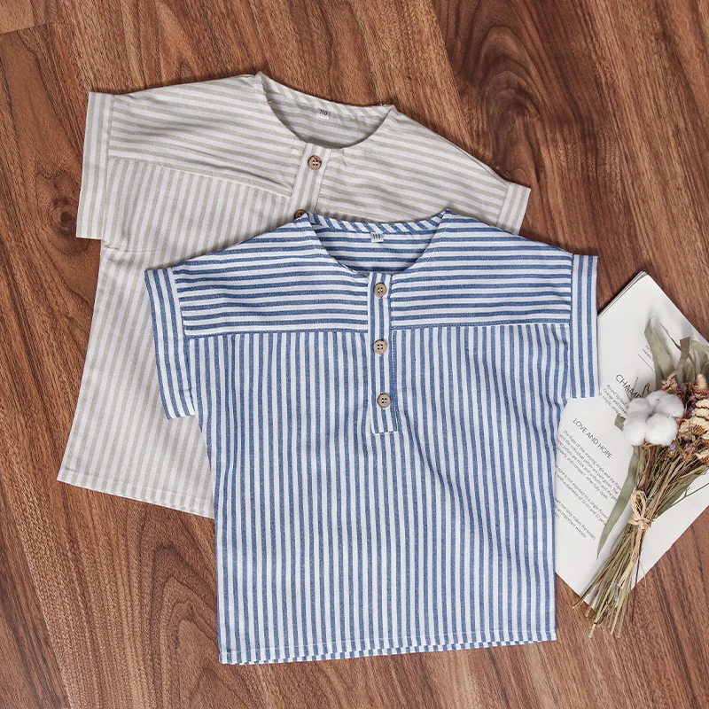Boys Cotton And Linen Striped Casual T-Shirt 2026 Summer New Children's Round Neck Buttons Short-Sleeved Linen Tops TZ417
