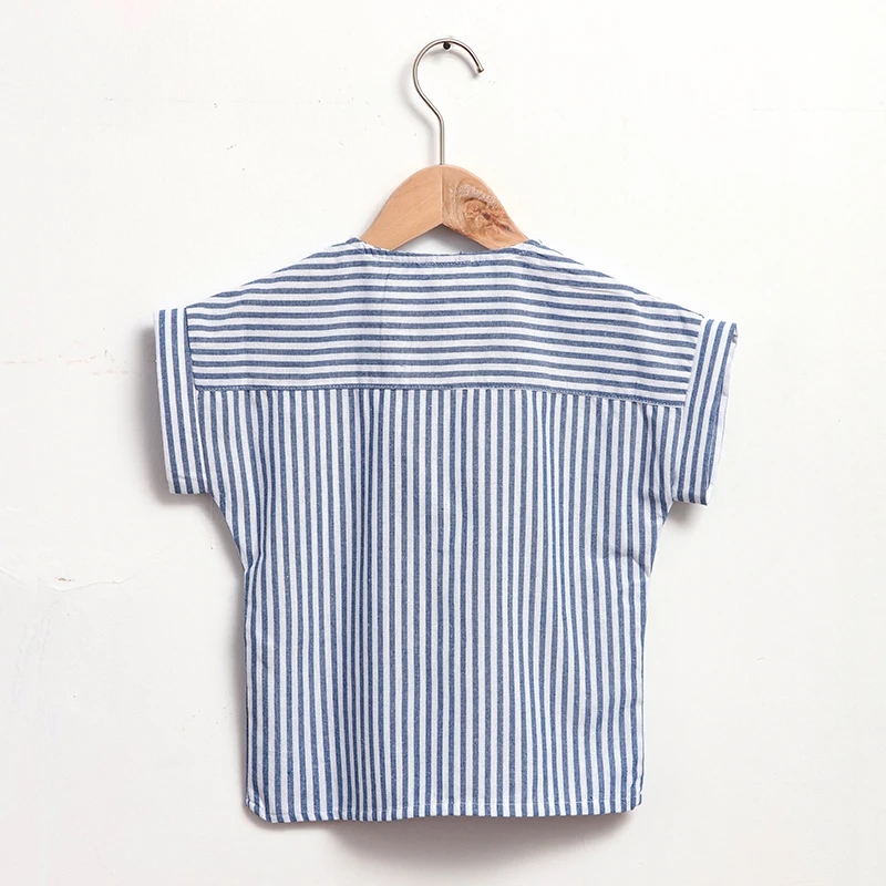 Boys Cotton And Linen Striped Casual T-Shirt 2026 Summer New Children's Round Neck Buttons Short-Sleeved Linen Tops TZ417