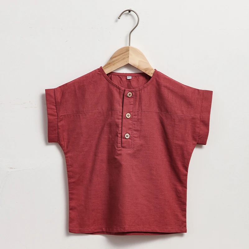 Boys Cotton And Linen Striped Casual T-Shirt 2026 Summer New Children's Round Neck Buttons Short-Sleeved Linen Tops TZ417