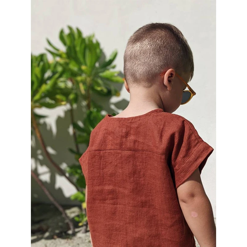 Boys Cotton And Linen Striped Casual T-Shirt 2026 Summer New Children's Round Neck Buttons Short-Sleeved Linen Tops TZ417