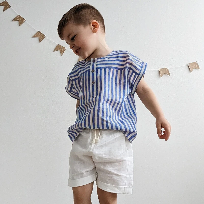 Boys Cotton And Linen Striped Casual T-Shirt 2026 Summer New Children's Round Neck Buttons Short-Sleeved Linen Tops TZ417