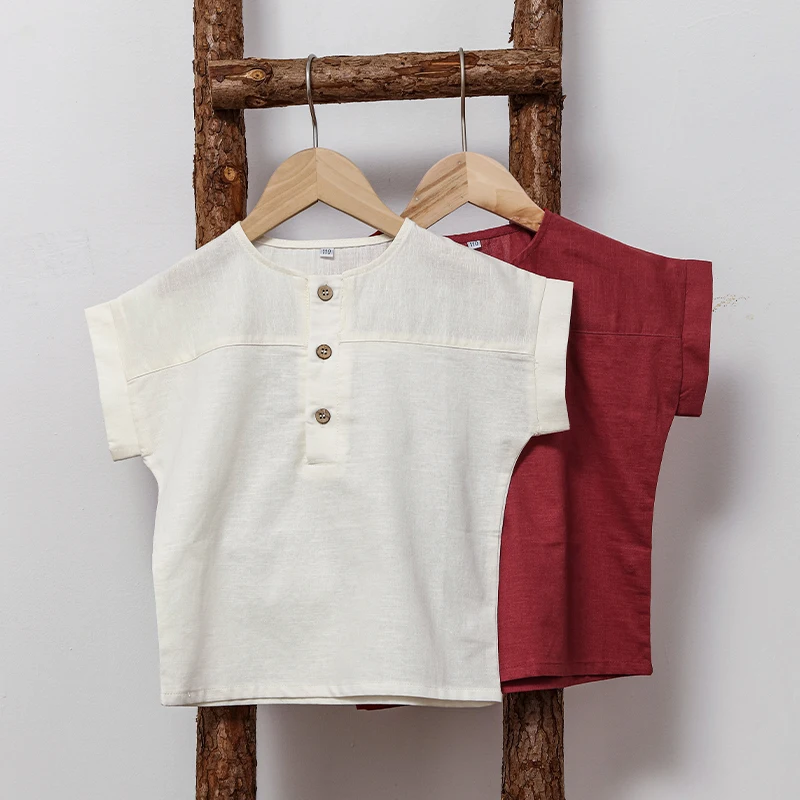 Boys Cotton And Linen Striped Casual T-Shirt 2026 Summer New Children's Round Neck Buttons Short-Sleeved Linen Tops TZ417