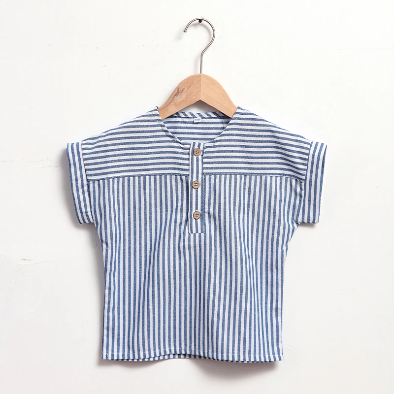 Boys Cotton And Linen Striped Casual T-Shirt 2026 Summer New Children's Round Neck Buttons Short-Sleeved Linen Tops TZ417